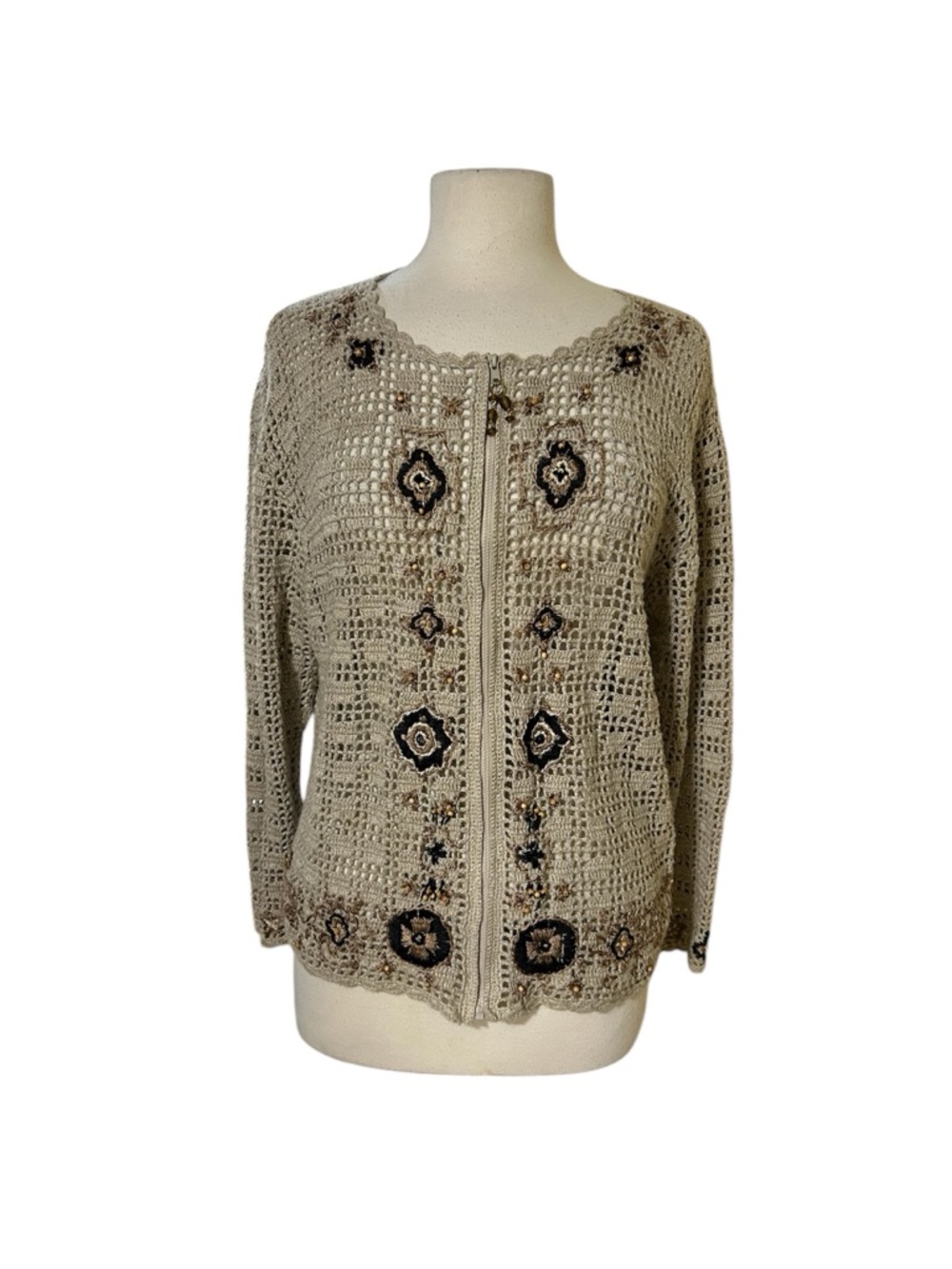 Delores Bell Knit Cardigan Large Crochet Full Zip Granny Chic Macramé Artsy Boho